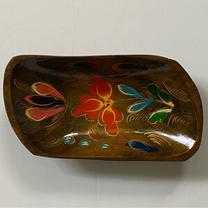 Vintage Mexican Wooden Bowl Batea Floral Painted 7.5” Small Mexico Trinket Dish